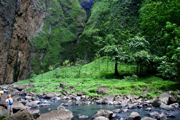 Meadow amongst canyon walls at the base of the waterfall